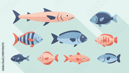 Nine diverse, stylized fish swim across a pale blue background