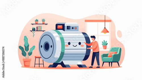 Man interacting with a friendly-faced industrial motor in a cozy room