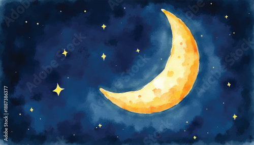 A beautiful watercolor painting of a crescent moon shining brightly in a dark blue night sky filled with stars and clouds.