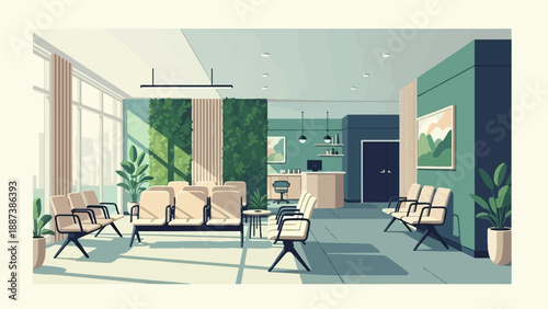 Modern reception area with natural light, plants, and seating