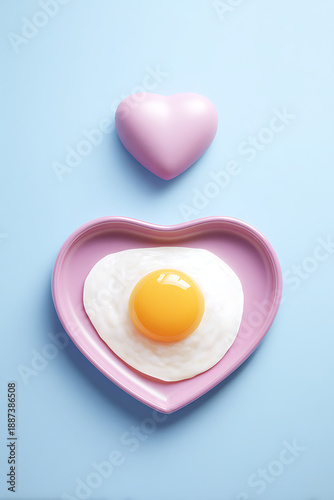 Heart Shaped Plate with Fried Egg and Floating Pink Heart Minimal Love Concept