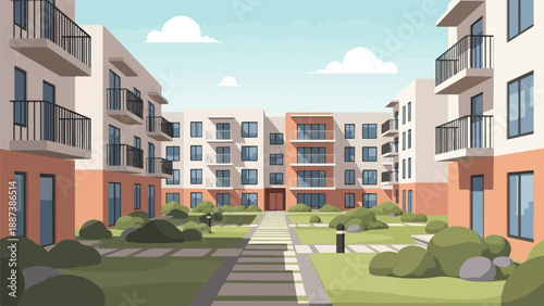 Modern apartment buildings surround a courtyard with trees and pathways