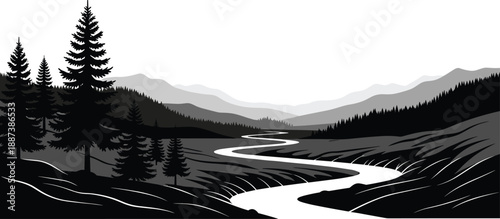 Black and white minimalist mountain landscape illustration featuring winding river forest hills scenic nature background modern vector artwork design