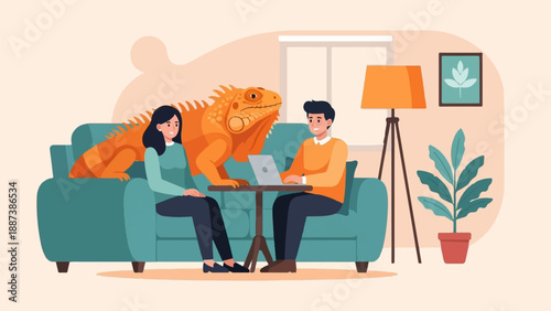 People and iguana relaxing in a cozy living room setting