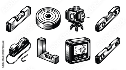 Construction levels collection vector illustration. Level tools set for leveling work. Carpentry equipment and laser level.