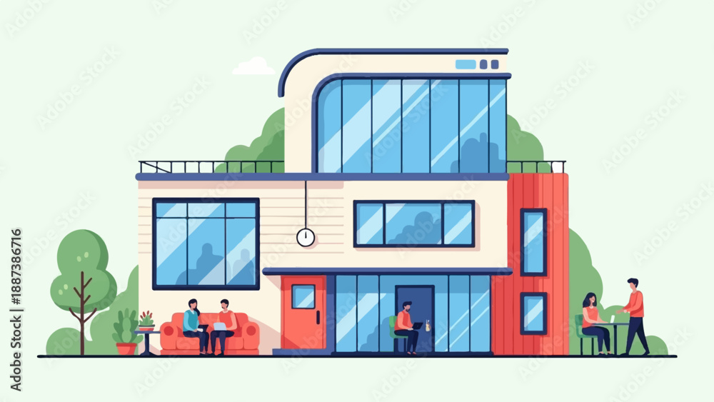 Fototapeta premium Modern architectural building with people working and relaxing outdoors