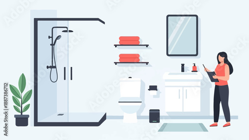 Modern bathroom interior with shower, sink, toilet, and a person