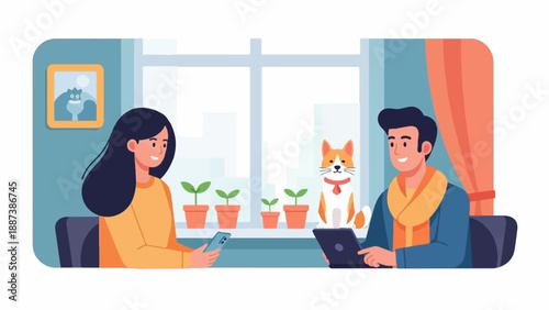 People and pet enjoy indoor relaxation with plants and devices