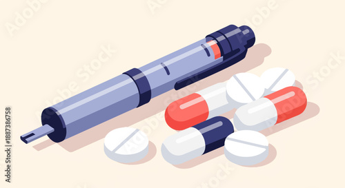 Medical supplies, including a pen-style injector and various pills