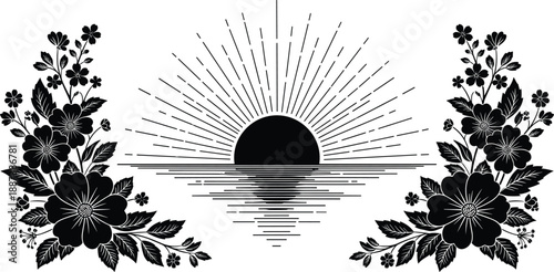 Black floral sunrise illustration with sun reflection over water framed by symmetrical flowers isolated on white background for elegant botanical design