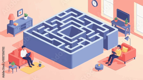 Isometric room with maze, people working on laptops, and home decor