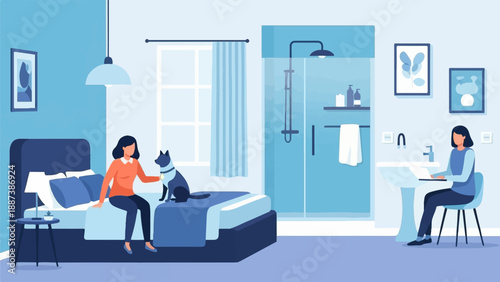 Modern bedroom with woman, dog, and en-suite shower and vanity