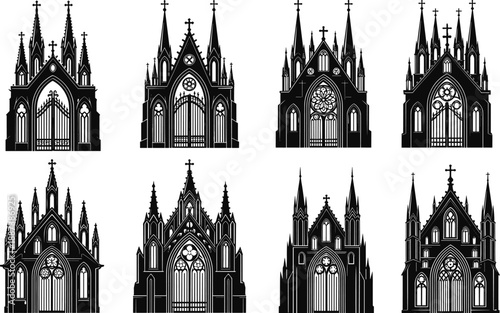 Gothic church silhouette collection with cathedral facades, medieval religious architecture, black vector icons set isolated on white background