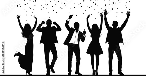 Happy business people celebrating success with raised hands and falling confetti, teamwork victory concept silhouette illustration isolated on white background