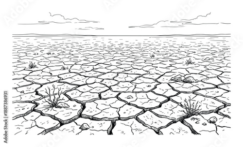 Cracked dry land landscape illustration with sparse vegetation and distant clouds