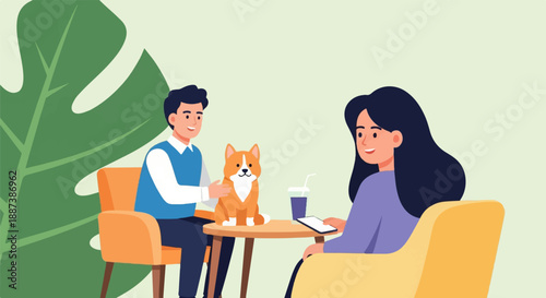 Man petting dog at table with woman and drink in a cafe