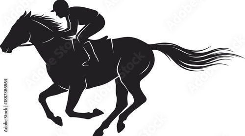 Horse racing jockey riding galloping racehorse silhouette illustration symbolizing speed, competition, equestrian sport and professional racing concept isolated on white background