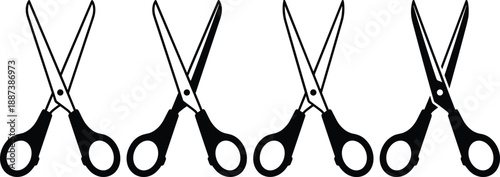 Black scissors silhouette set isolated on white background showing multiple open and closed cutting tools for office and craft design