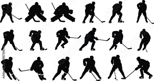 Ice hockey player silhouettes collection showing skating, puck handling, shooting, and defensive moves in black sports vector set isolated on white