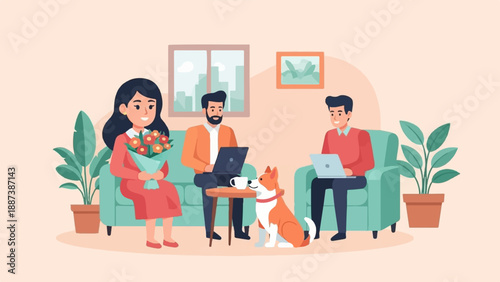 People and pet relax on sofa with plants and laptops in room