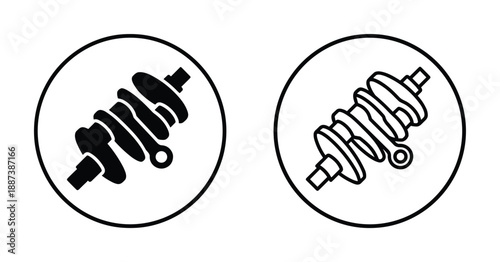 Crankshafts engine parts in circles, isolated black and white vector line art illustration.