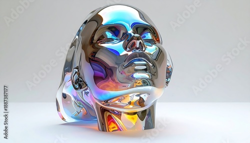 Highly reflective human head sculpture with iridescent finish against a soft white background