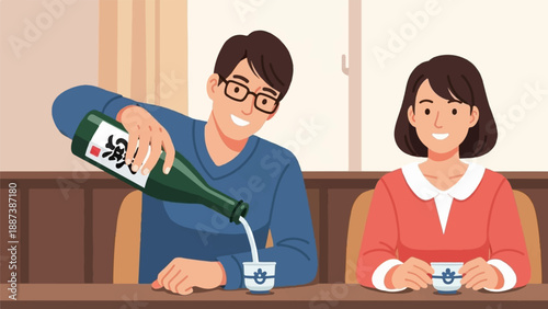 Man pouring drink into cup, woman waits