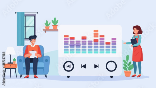 Man relaxes while woman presents music player with equalizer