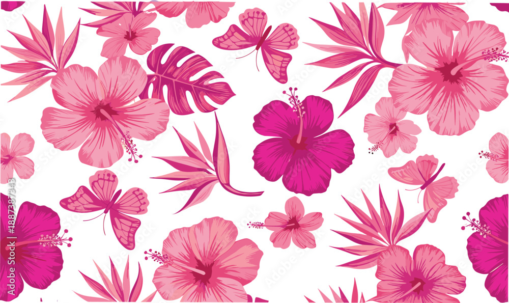 Fototapeta premium Pink tropical hibiscus flowers seamless pattern with butterflies and exotic leaves, vibrant floral vector background design