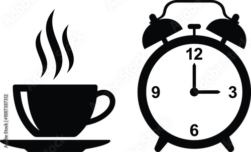 Morning coffee and alarm clock silhouette icon set representing wake up routine, time management and daily lifestyle concept isolated on white background