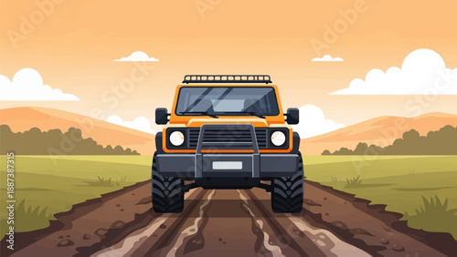 Off-road vehicle on muddy track under sunset sky