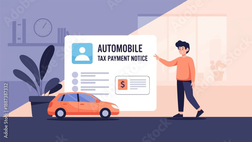 Man reviewing automobile tax payment notice with car and plant indoors