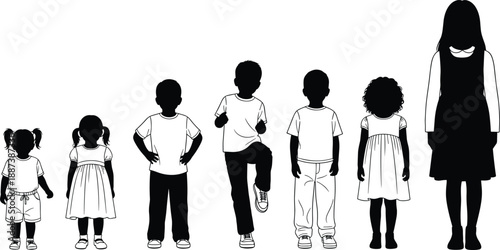 Children growth stages silhouette illustration from toddler to teenager isolated on white background representing childhood development, age progression, and human life stages concept