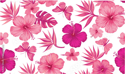 Pink tropical hibiscus flowers seamless pattern with butterflies and exotic leaves, vibrant floral vector background design