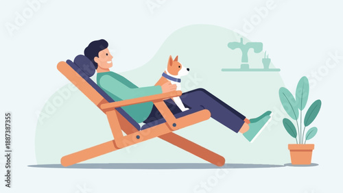 Man relaxing in lounge chair with dog, indoors near potted plant