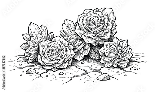 Crystals and Roses on Cracked Ground Detailed Ink Drawing with Shading and Textures