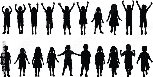 Children silhouettes set showing joyful jumping, standing, and playful poses isolated on white background representing childhood activity, happiness, and youthful energy illustration