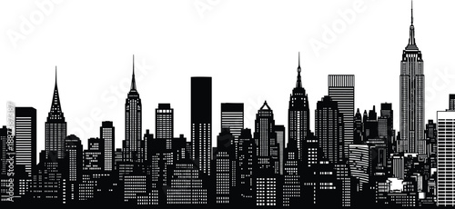New York City skyline silhouette illustration featuring iconic skyscrapers, urban architecture, downtown panorama, and modern metropolitan cityscape in black and white style