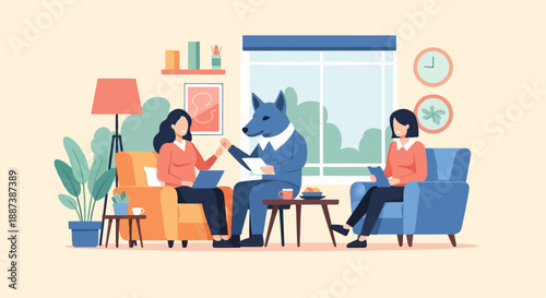 Meeting with a wolf-like character and two women in a living room