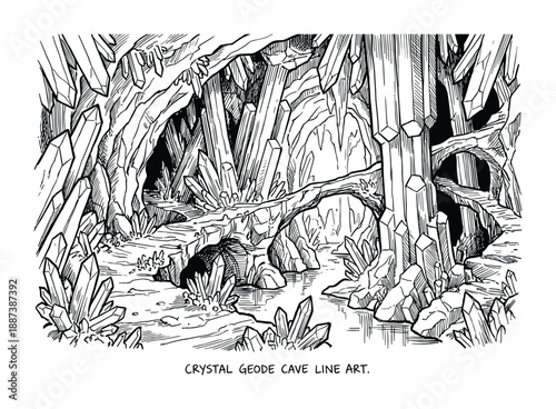Crystal geode cave line art illustration featuring geode cave interior with crystal formations and rock bridge, black and white drawing