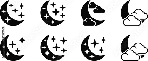 Crescent moon and stars icon set with cloudy night variations isolated on white background for weather and astronomy design
