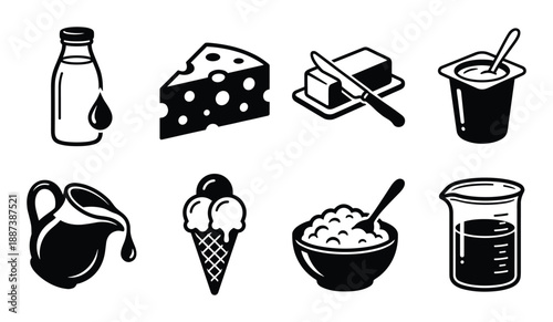 Dairy products vector icons set, milk bottle, cheese, butter, yogurt, cream, ice cream cone, cottage cheese and measuring cup