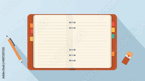 Open lined notebook with tabs, pen and eraser casting shadows