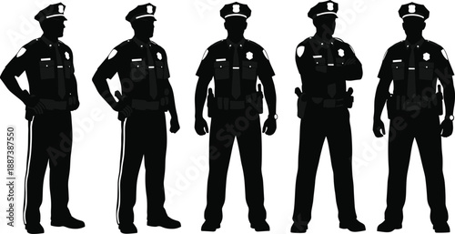 Police officer silhouettes set showing five uniformed law enforcement poses isolated on white background vector illustration black design collection