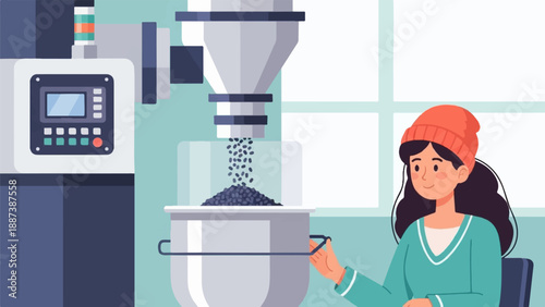 Illustration of woman at coffee bean processing machine
