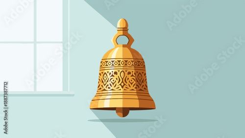 Ornate golden bell hangs indoors, casting a long shadow near a window
