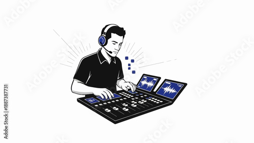 Man wearing headphones adjusts soundboard with waveform displays