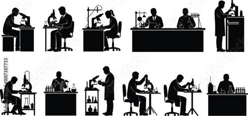 Scientist silhouettes working in laboratory with microscopes, test tubes, and research equipment isolated on white background representing science, chemistry, and medical research illustration