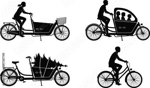 Set of cargo bike and bicycle silhouettes showing family transport, urban delivery, eco commuting, and sustainable lifestyle transportation concepts