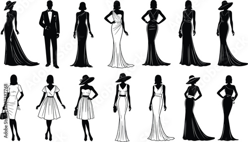 Elegant fashion silhouettes collection of men and women in evening gowns and formal suits black vector illustration isolated white background